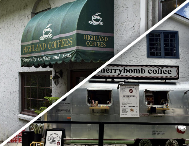 A split graphic of Highland Coffees and Cherrybomb Coffee Co.